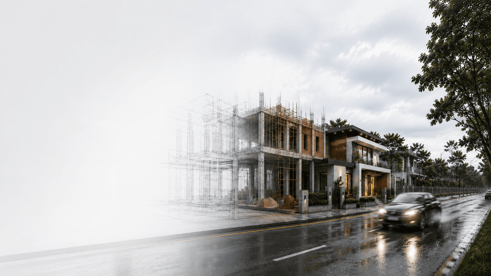 Residential construction transitioning from structural frame to finished home on a rain-wet road