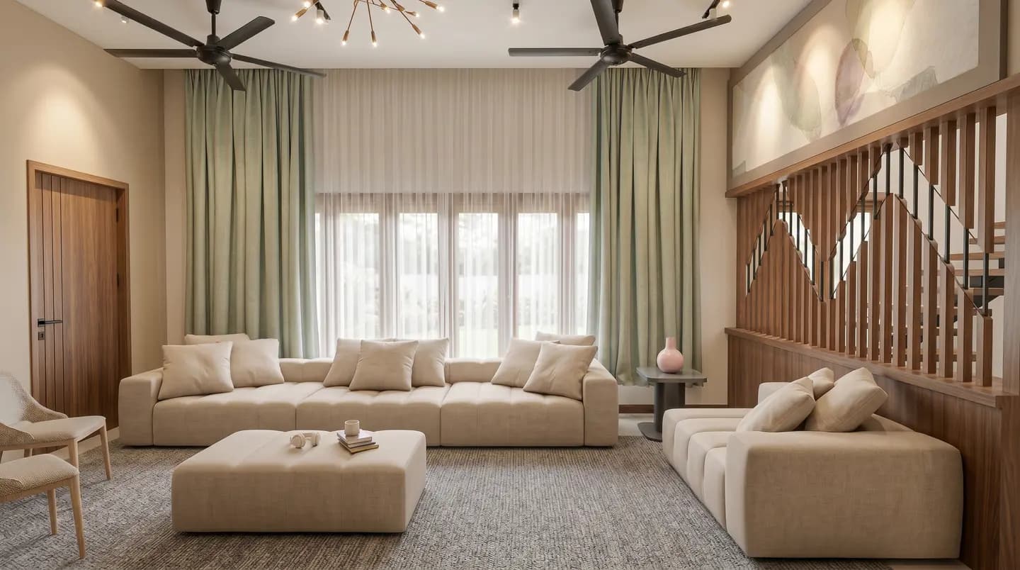 Living room with neutral sofas and warm lighting — design visualization