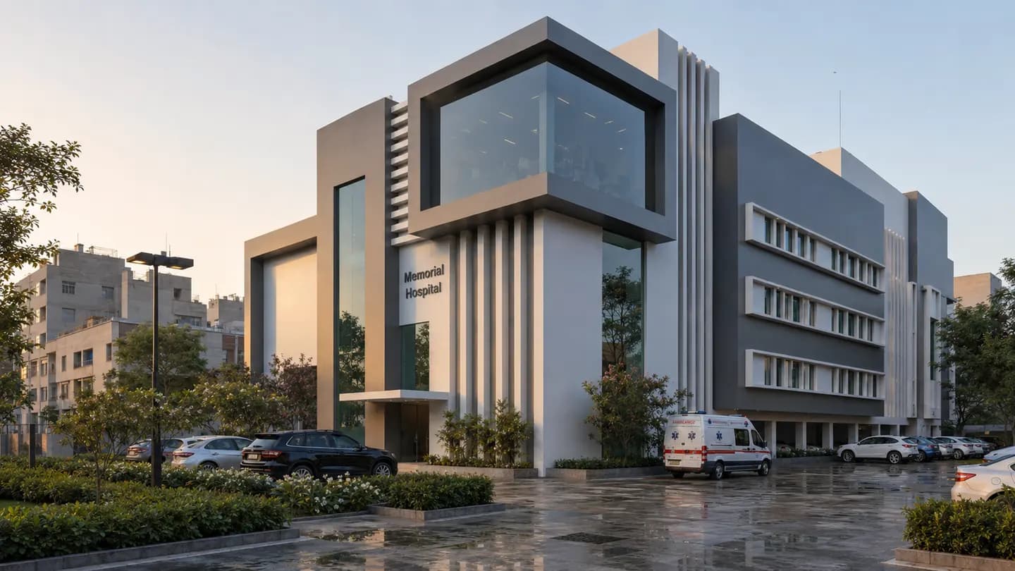 Large building with glazed entrance — design visualization
