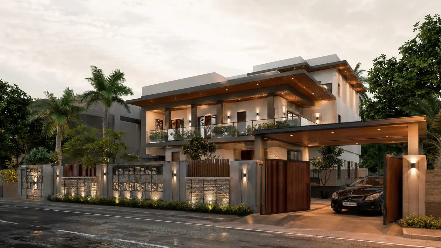 Villa elevation with evening lighting — design visualization